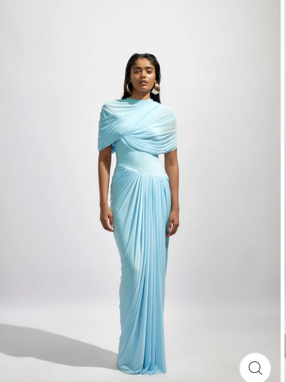 Deme by Gabriella grecian Sky Blue Draped Maxi Dress with Cross-Shoulder Detail